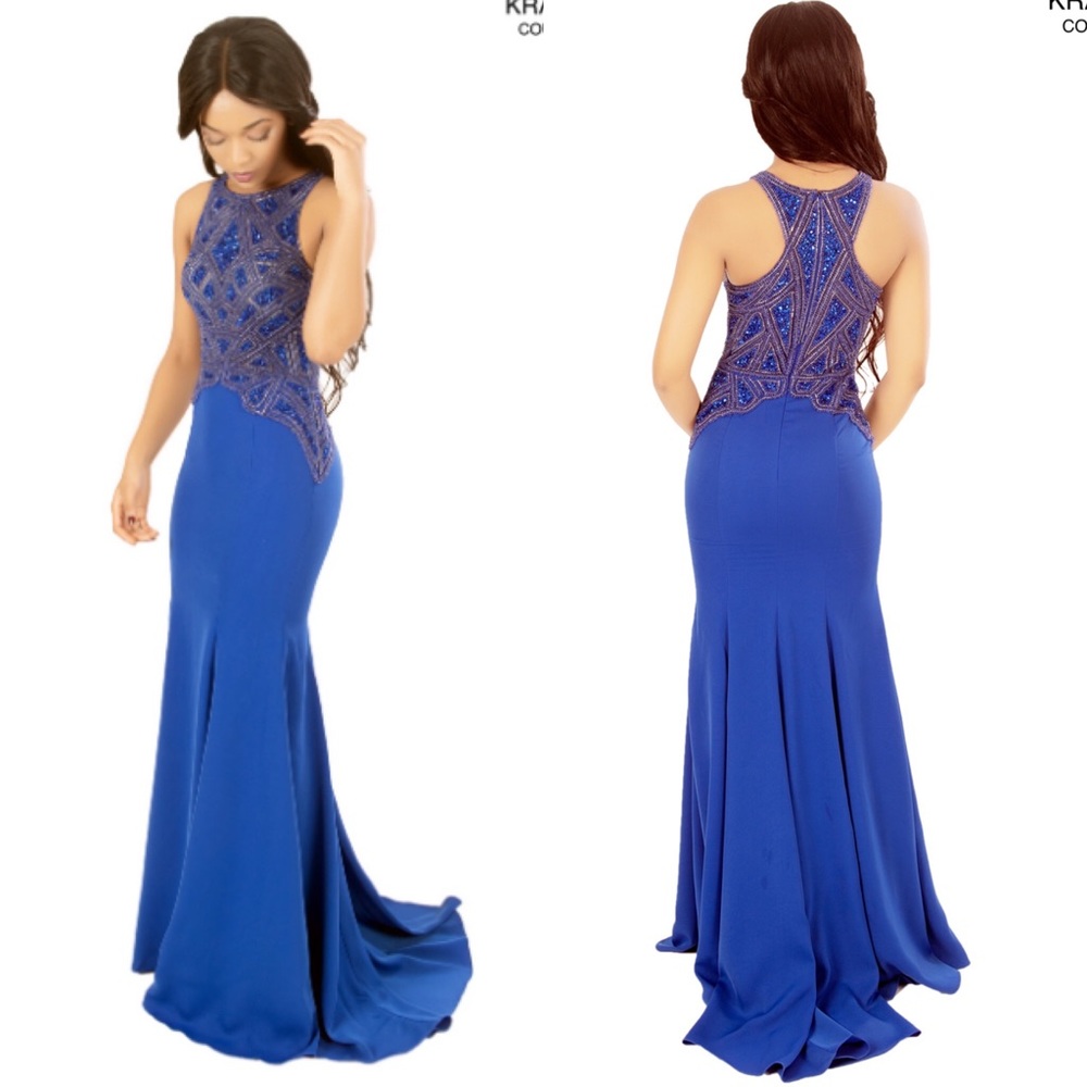 Long royal blue fitted dress with beaded top sz 6